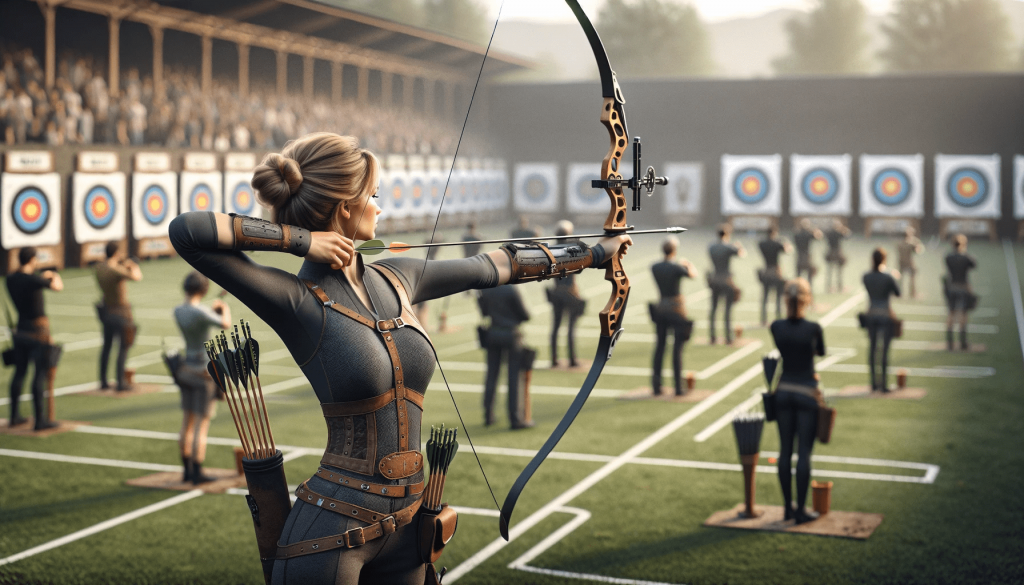 Спортивная Стрельба из Лука - A photorealistic 16 9 image depicting a scene of competitive archery. The setting is a professional archery range, with archers lined up, taking their.png